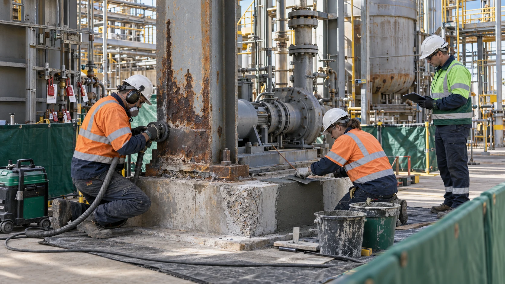 Industrial team repairing structural steel and damaged concrete during a shutdown